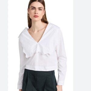 Ganni White Asymmetrical Sailor Collar Crop Blouse